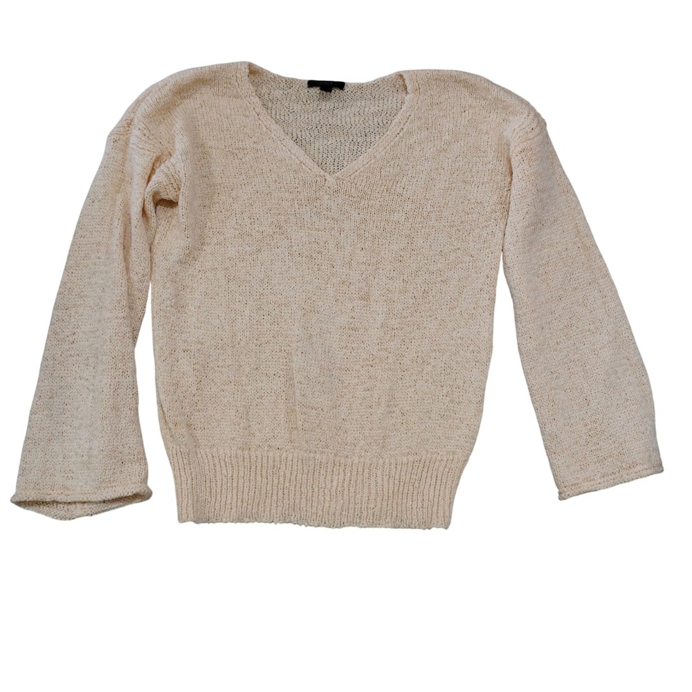 J. Crew Women's Size Medium V-Neck Sweater Beige Bell Sleeve Open Knit Coastal